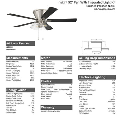 52" Insight Brushed Nickel Finish, Black Walnut/Greywood Blades, Integrated Light kit Included Ceiling Fan CRAFTMADE