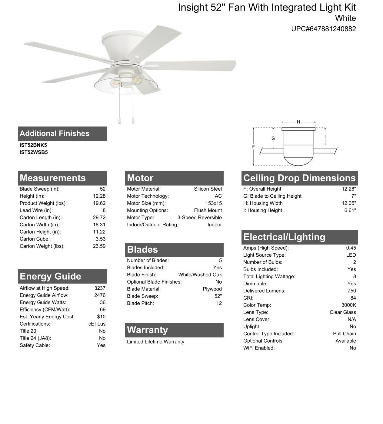 52" Insight White Finish, White/Washed Oak Blades, Integrated Light kit Included Ceiling Fan CRAFTMADE