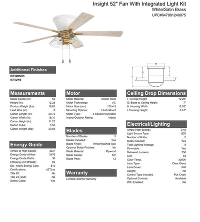 52" Insight White/SB Finish, White/Washed Oak Blades, Integrated Light kit Included Ceiling Fan CRAFTMADE