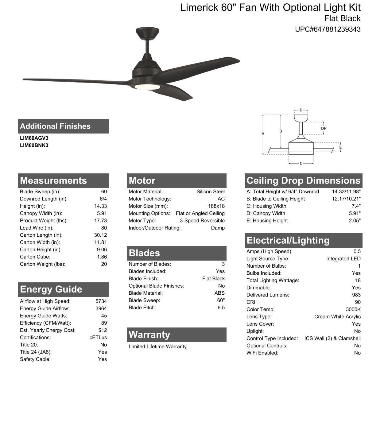 60" Limerick Indoor/Outdoor (Damp) in Flat Black w/ Flat Black Blades Ceiling Fan CRAFTMADE