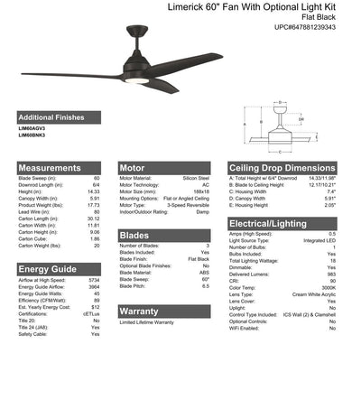 60" Limerick Indoor/Outdoor (Damp) in Flat Black w/ Flat Black Blades Ceiling Fan CRAFTMADE