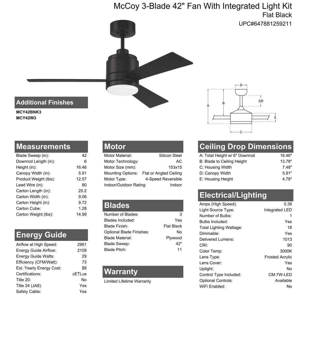 42" McCoy 3-Blade in Flat Black w/ Flat Black Blades Ceiling Fan CRAFTMADE