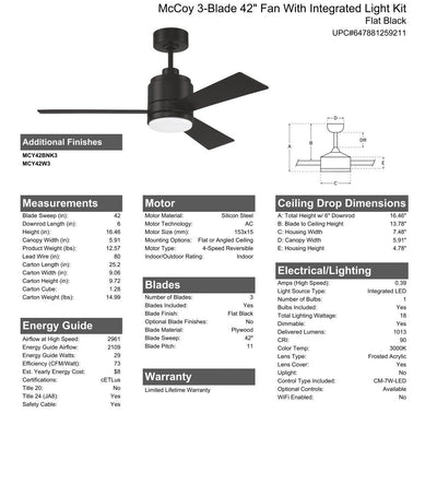 42" McCoy 3-Blade in Flat Black w/ Flat Black Blades Ceiling Fan CRAFTMADE