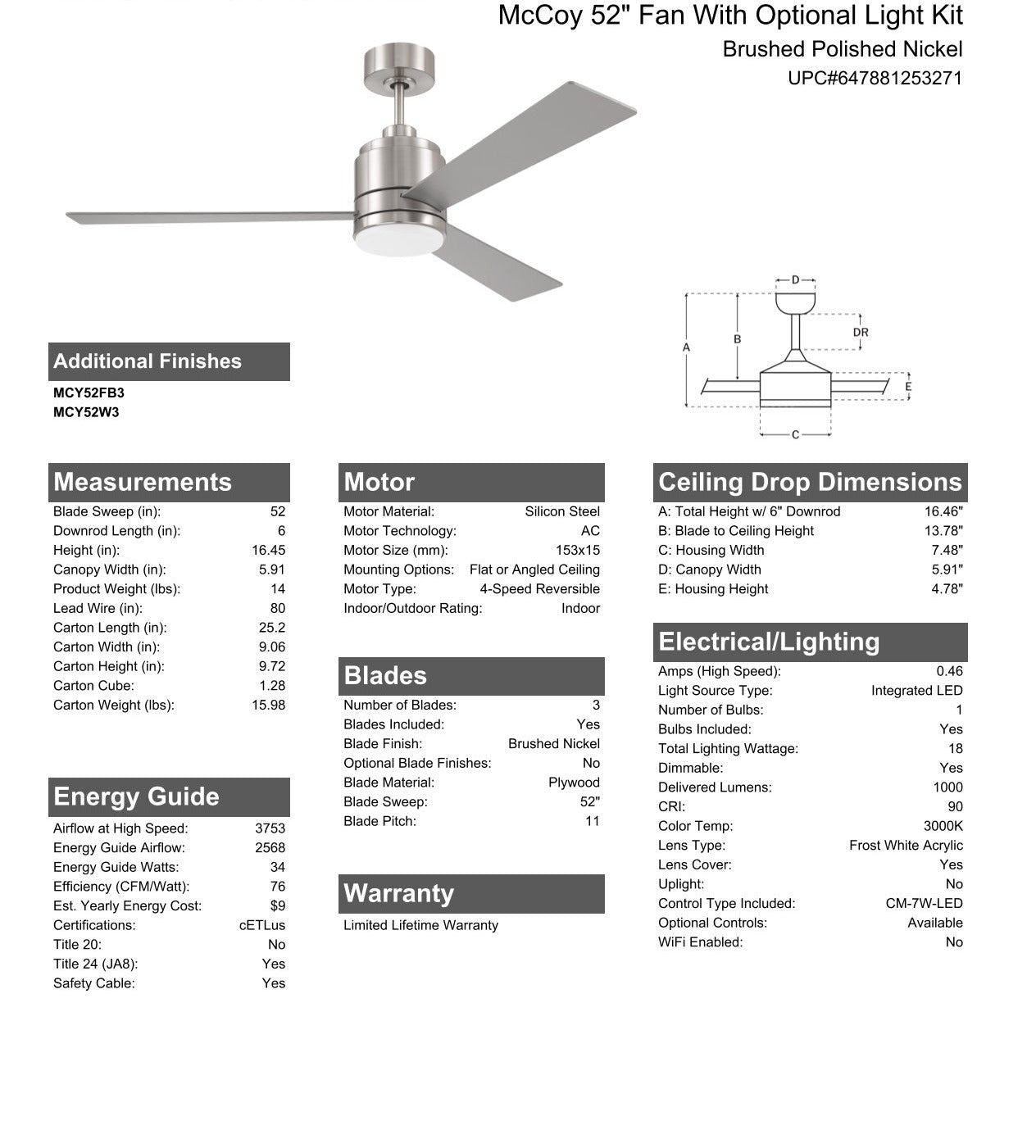 52" McCoy in Brushed Polished Nickel w/ Brushed Nickel Blades Ceiling Fan CRAFTMADE