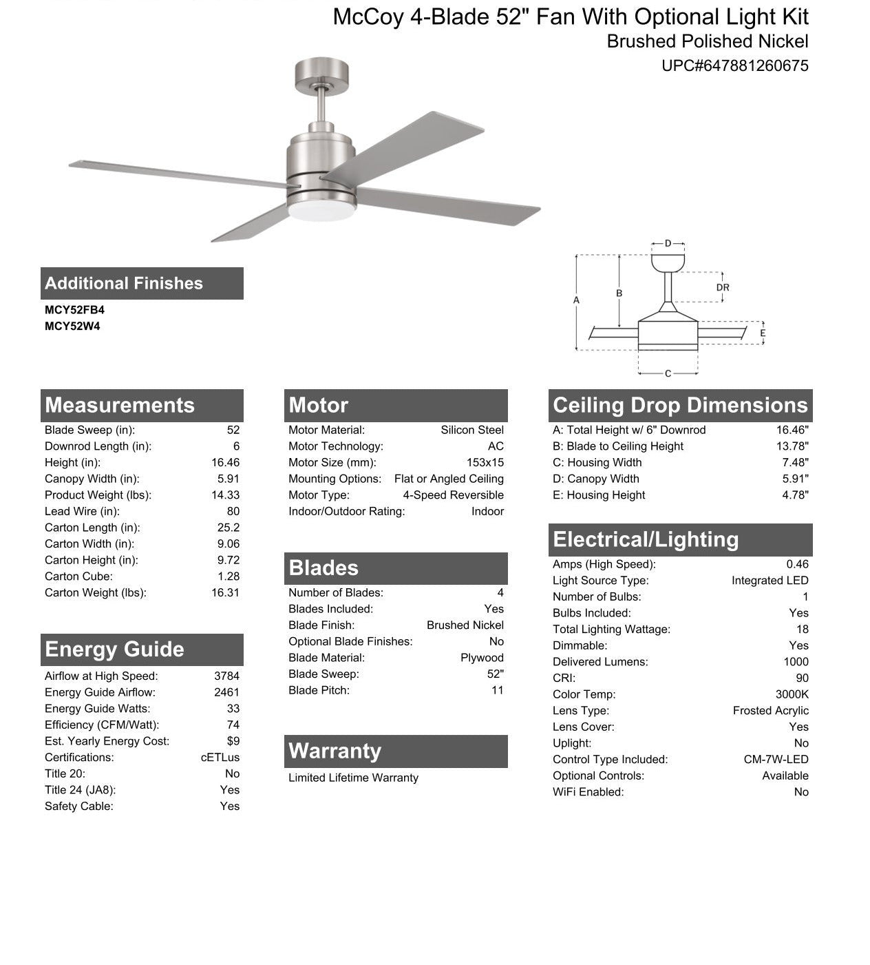 52" McCoy 4-Blade in Brushed Polished Nickel w/ Brushed Nickel Blades Ceiling Fan CRAFTMADE