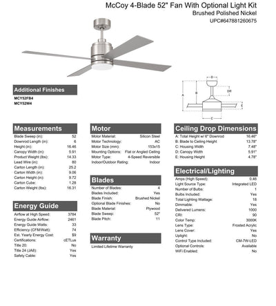 52" McCoy 4-Blade in Brushed Polished Nickel w/ Brushed Nickel Blades Ceiling Fan CRAFTMADE