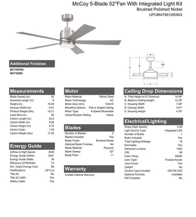 52" McCoy 5-Blade in Brushed Polished Nickel w/ Brushed Nickel Blades Ceiling Fan CRAFTMADE