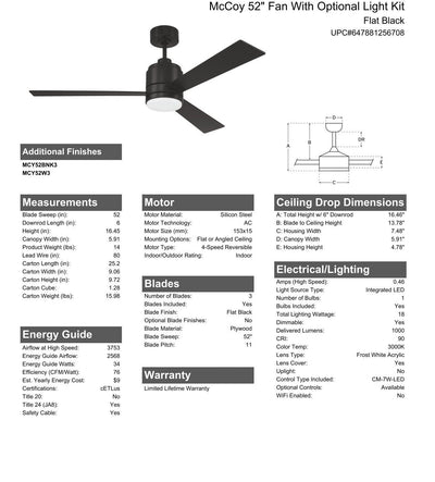 52" McCoy in Flat Black w/ Flat Black Blades Ceiling Fan CRAFTMADE