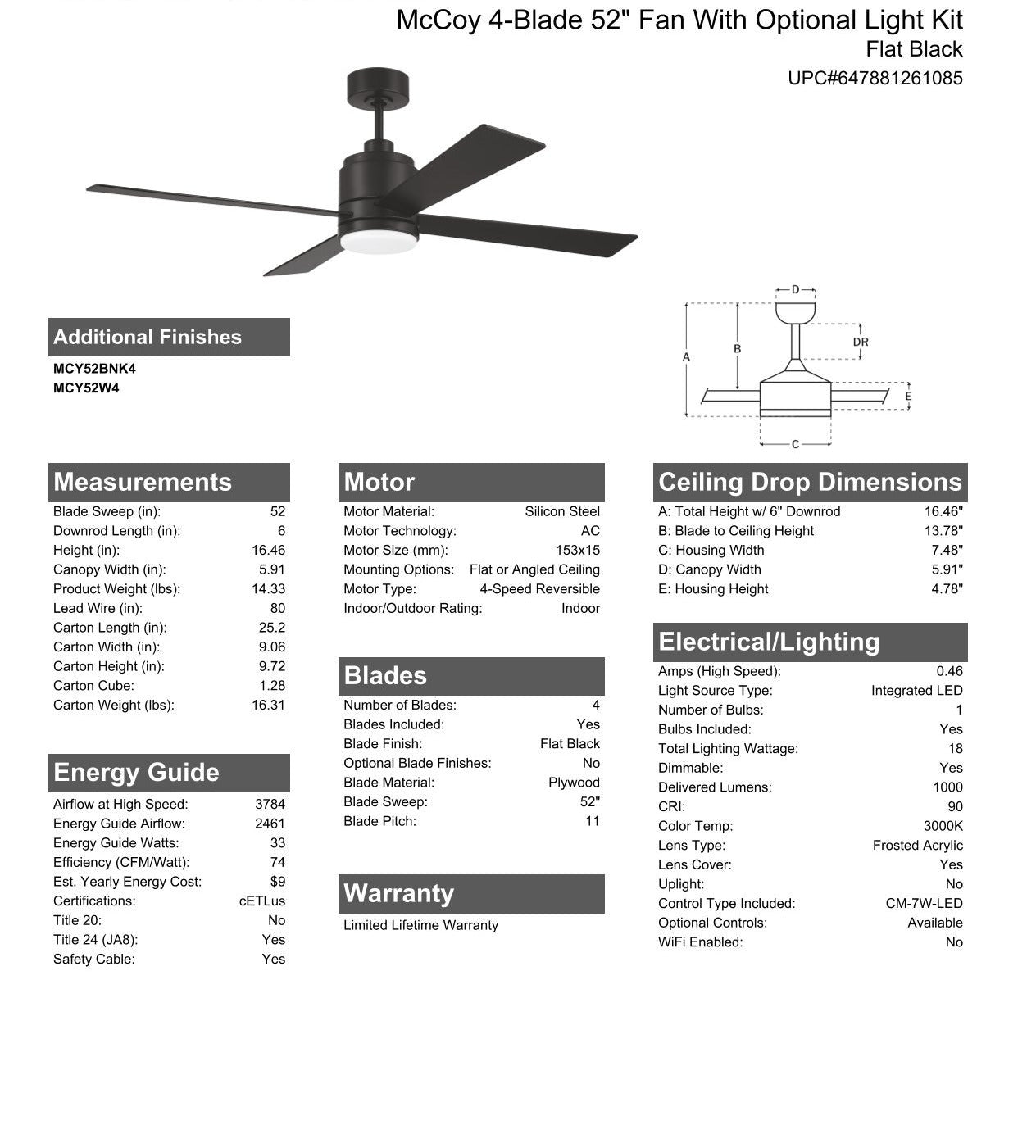 52" McCoy 4-Blade in Flat Black w/ Flat Black Blades Ceiling Fan CRAFTMADE