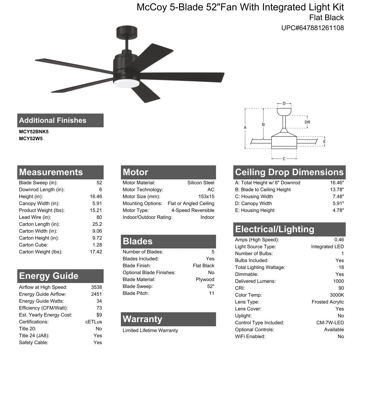 52" McCoy 5-Blade in Flat Black w/ Flat Black Blades Ceiling Fan CRAFTMADE