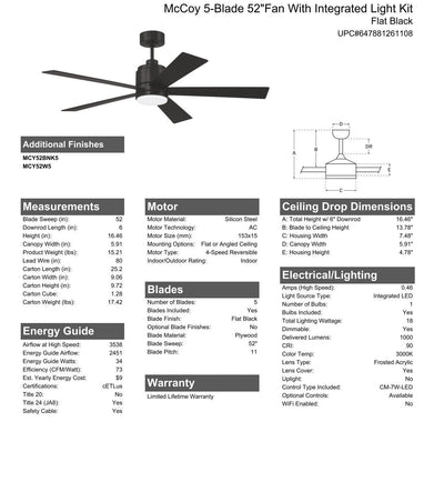 52" McCoy 5-Blade in Flat Black w/ Flat Black Blades Ceiling Fan CRAFTMADE