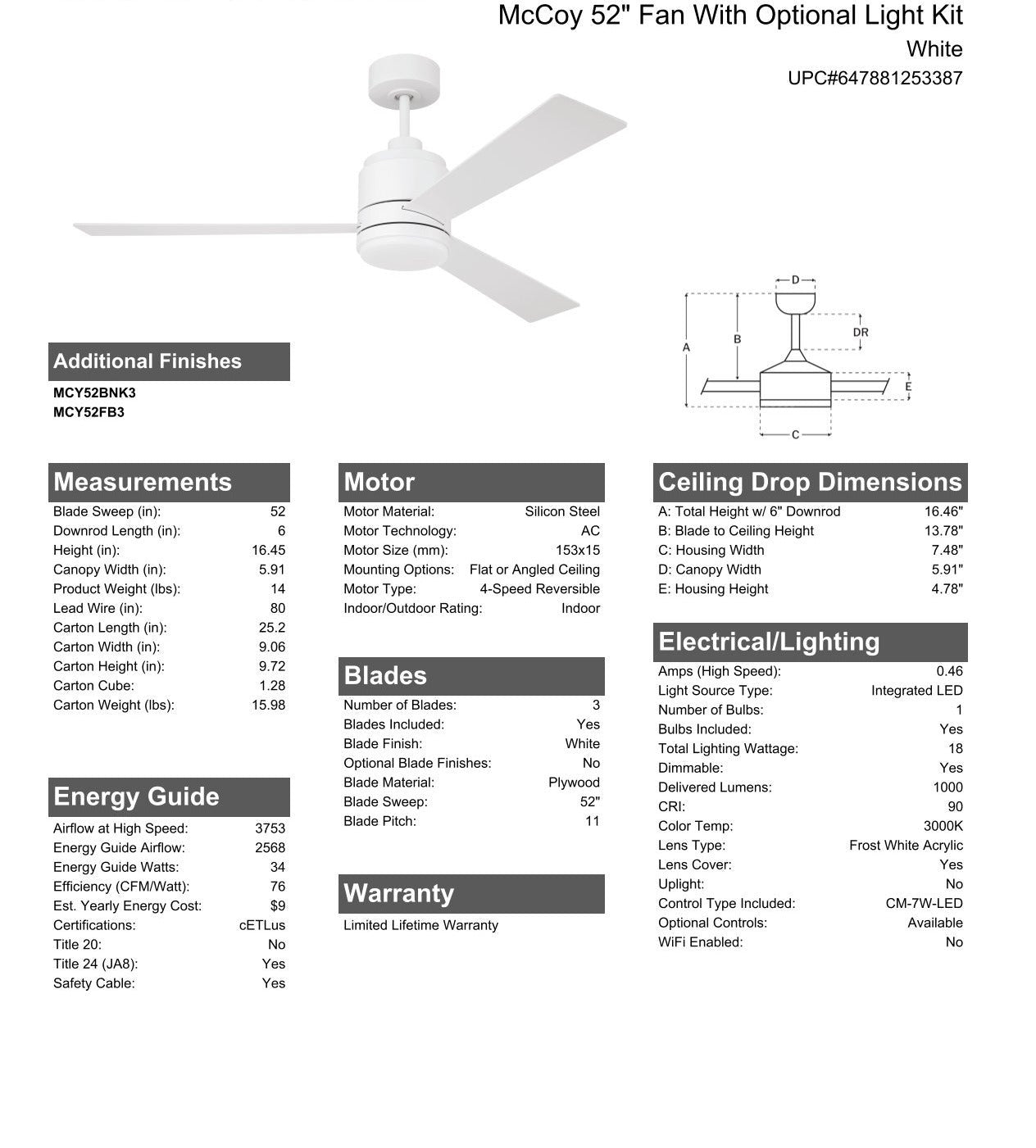 52" McCoy in White w/ White Blades Ceiling Fan CRAFTMADE