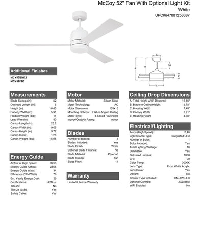 52" McCoy in White w/ White Blades Ceiling Fan CRAFTMADE