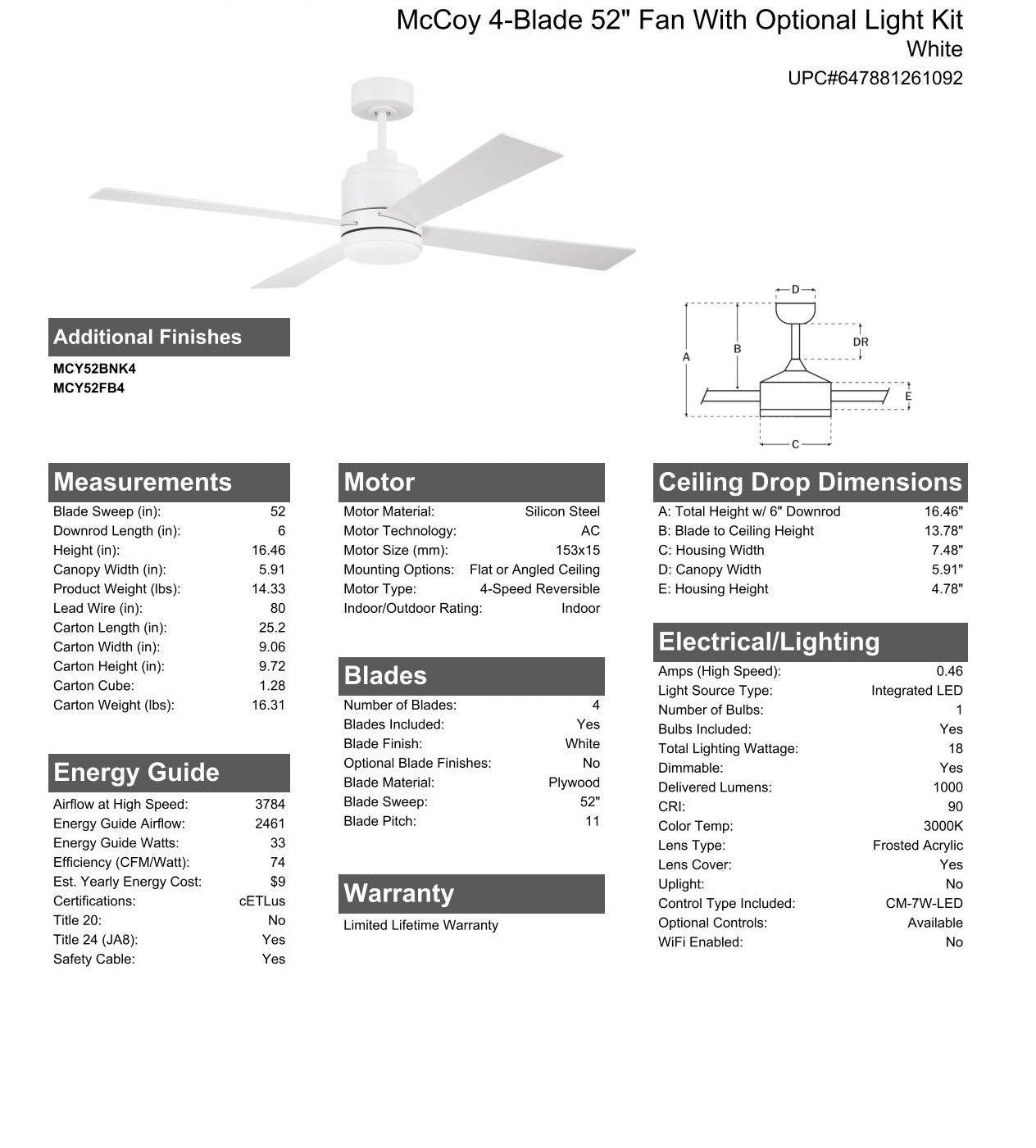 52" McCoy 4-Blade in White w/ White Blades Ceiling Fan CRAFTMADE