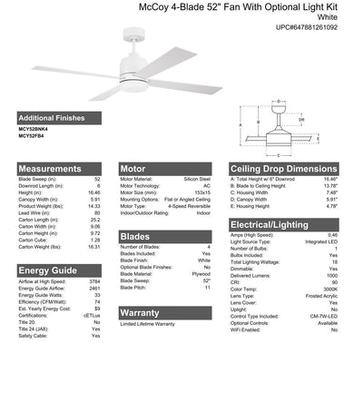 52" McCoy 4-Blade in White w/ White Blades Ceiling Fan CRAFTMADE