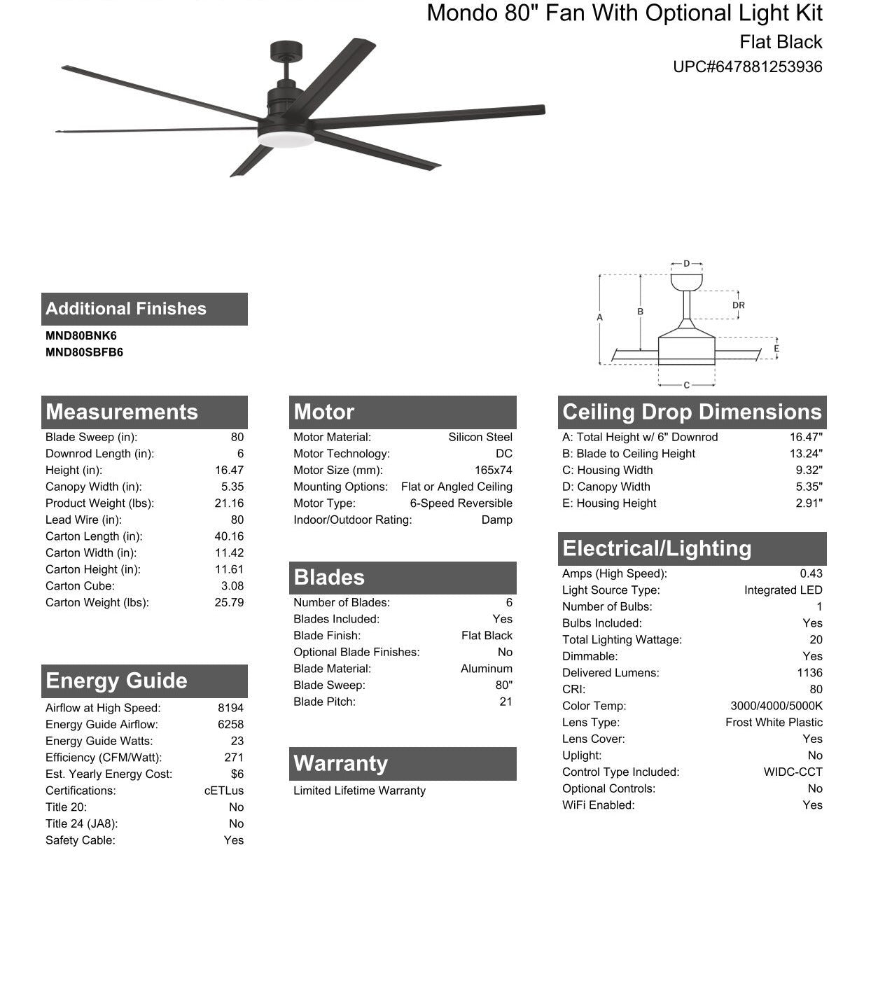 80" Mondo Indoor/Outdoor in Flat Black w/ Flat Black Blades Accessory CRAFTMADE