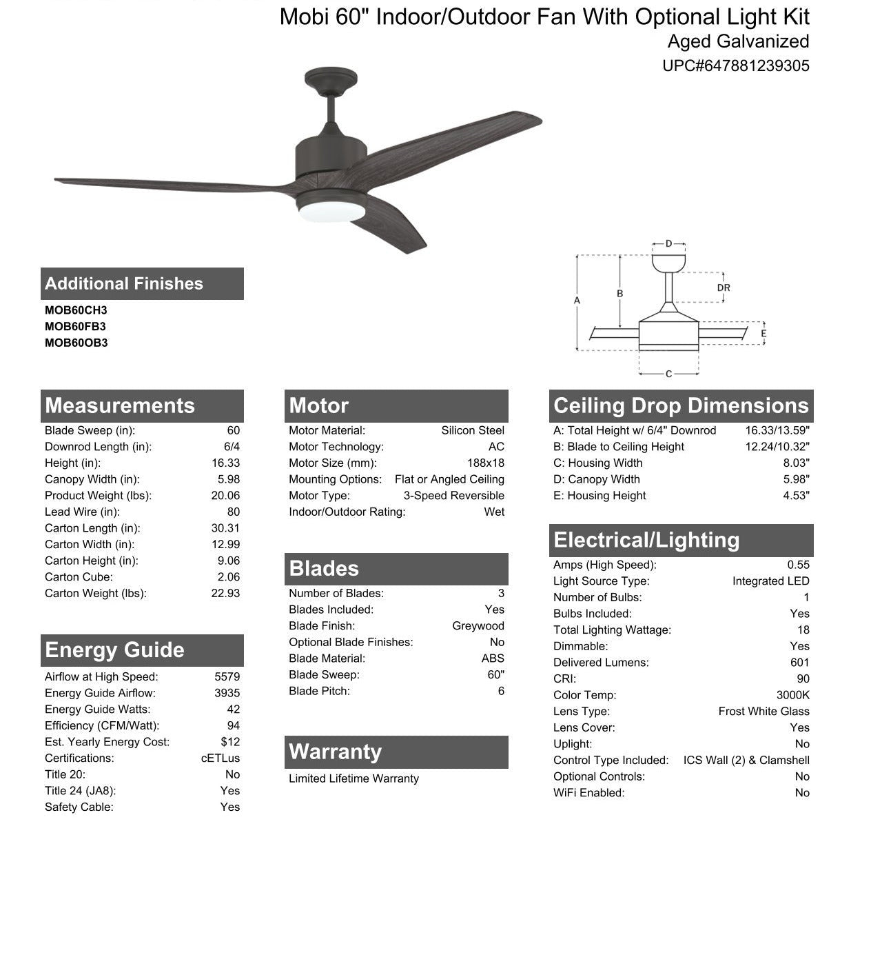 60" Mobi Indoor/Outdoor (Wet) in Aged Galvanized w/ Greywood Blades Ceiling Fan CRAFTMADE