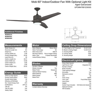 60" Mobi Indoor/Outdoor (Wet) in Aged Galvanized w/ Greywood Blades Ceiling Fan CRAFTMADE