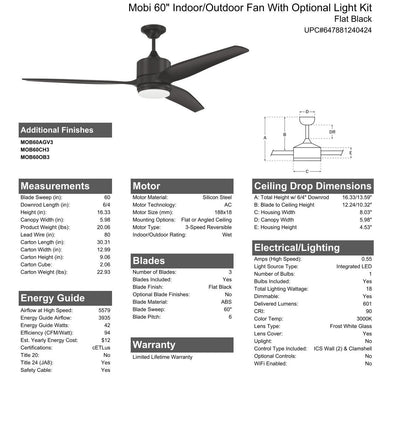 60" Mobi Indoor/Outdoor (Wet) in Flat Black w/ Flat Black Blades Ceiling Fan CRAFTMADE