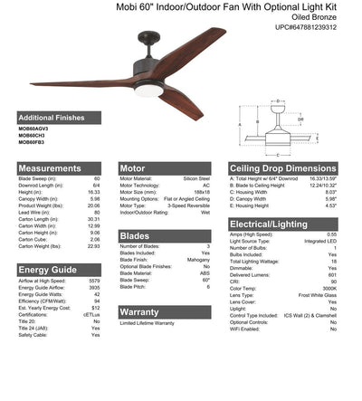 60" Mobi Indoor/Outdoor (Wet) in Oiled Bronze w/ Mahogany Blades Ceiling Fan CRAFTMADE