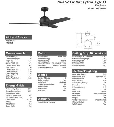 52" Nate in Flat Black Finish, Flat Black Blades, Light kit included (Optional), WiFi Control Ceiling Fan CRAFTMADE