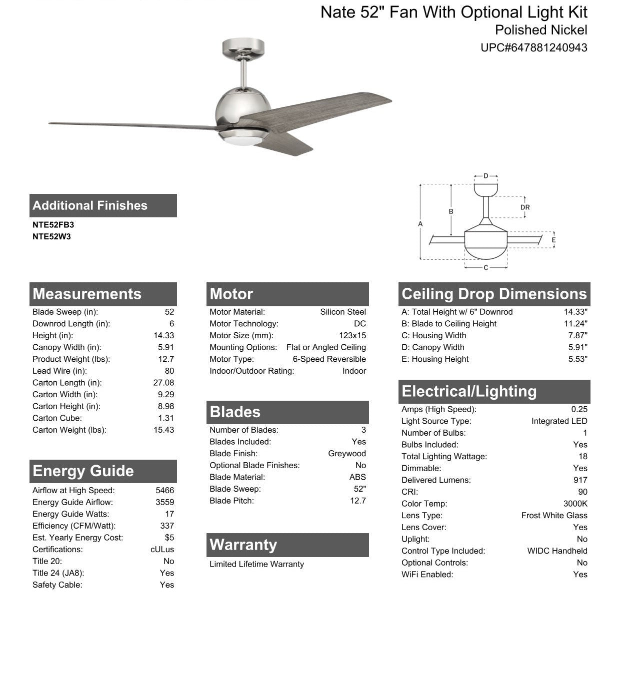 52" Nate in Polished Nickel Finish, Greywood Blades, Light kit included (Optional), WiFi Control Ceiling Fan CRAFTMADE