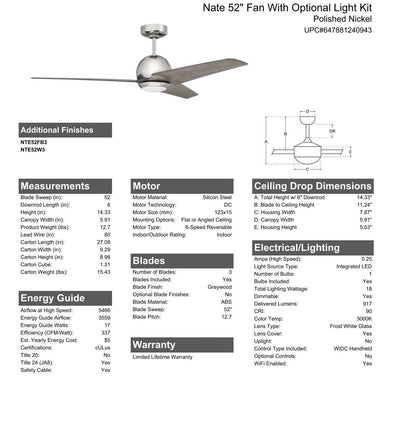 52" Nate in Polished Nickel Finish, Greywood Blades, Light kit included (Optional), WiFi Control Ceiling Fan CRAFTMADE