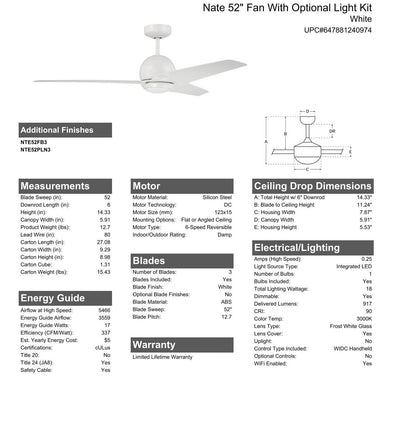 52" Nate in White Finish, White Blades, Light kit included (Optional), WiFi Control Ceiling Fan CRAFTMADE