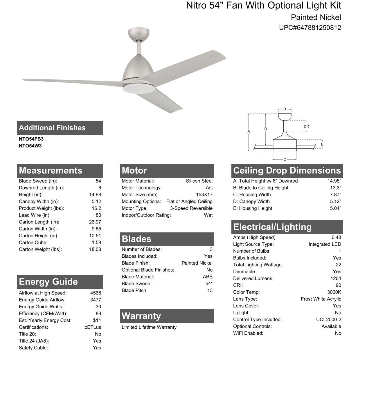 54" Nitro in Painted Nickel w/ Painted Nickel Blades Ceiling Fan CRAFTMADE