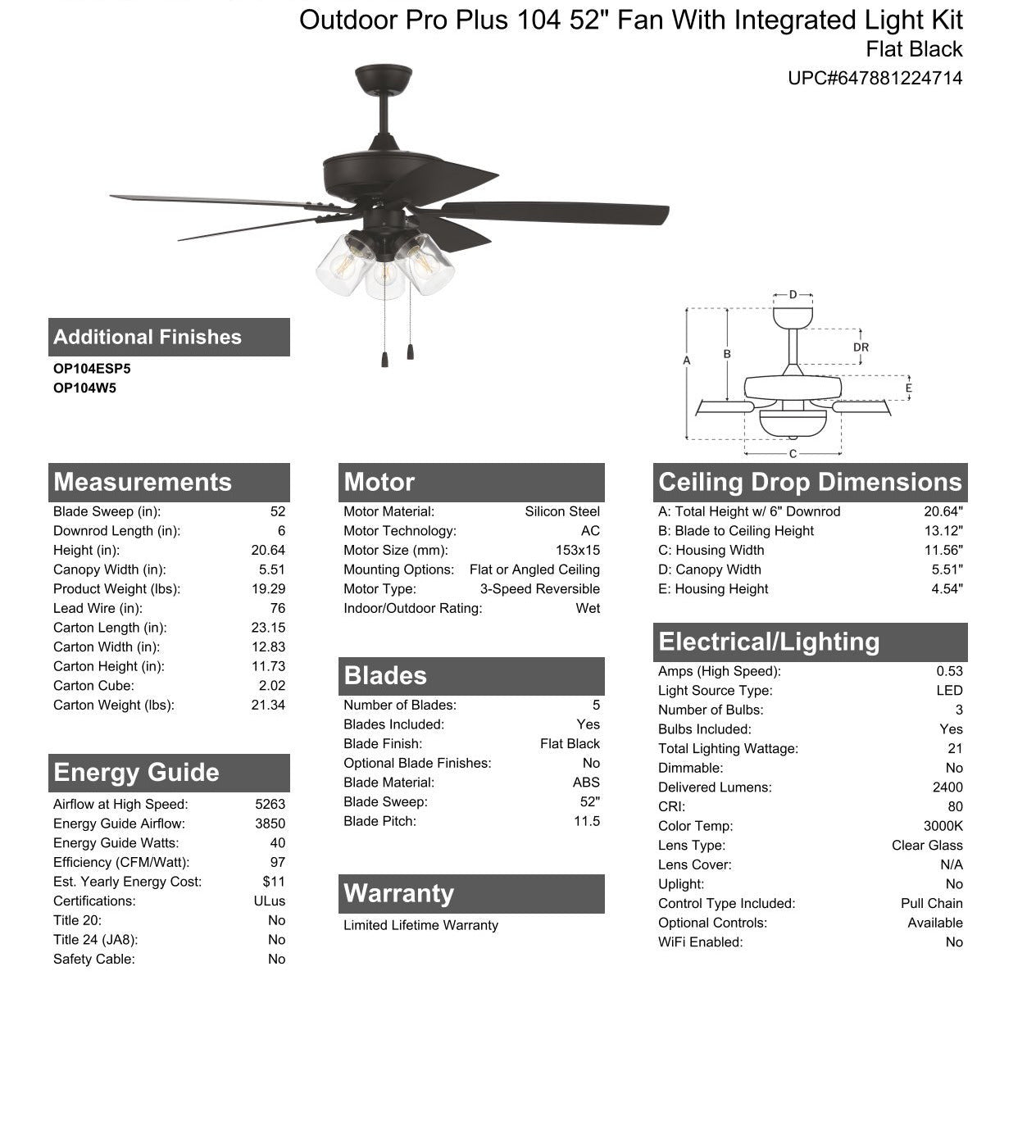 52" Outdoor Pro Plus 104 in Flat Black  w/ Flat Black Blades Ceiling Fan CRAFTMADE