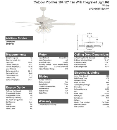 52" Outdoor Pro Plus 104 in White w/ Matte White Blades Ceiling Fan CRAFTMADE