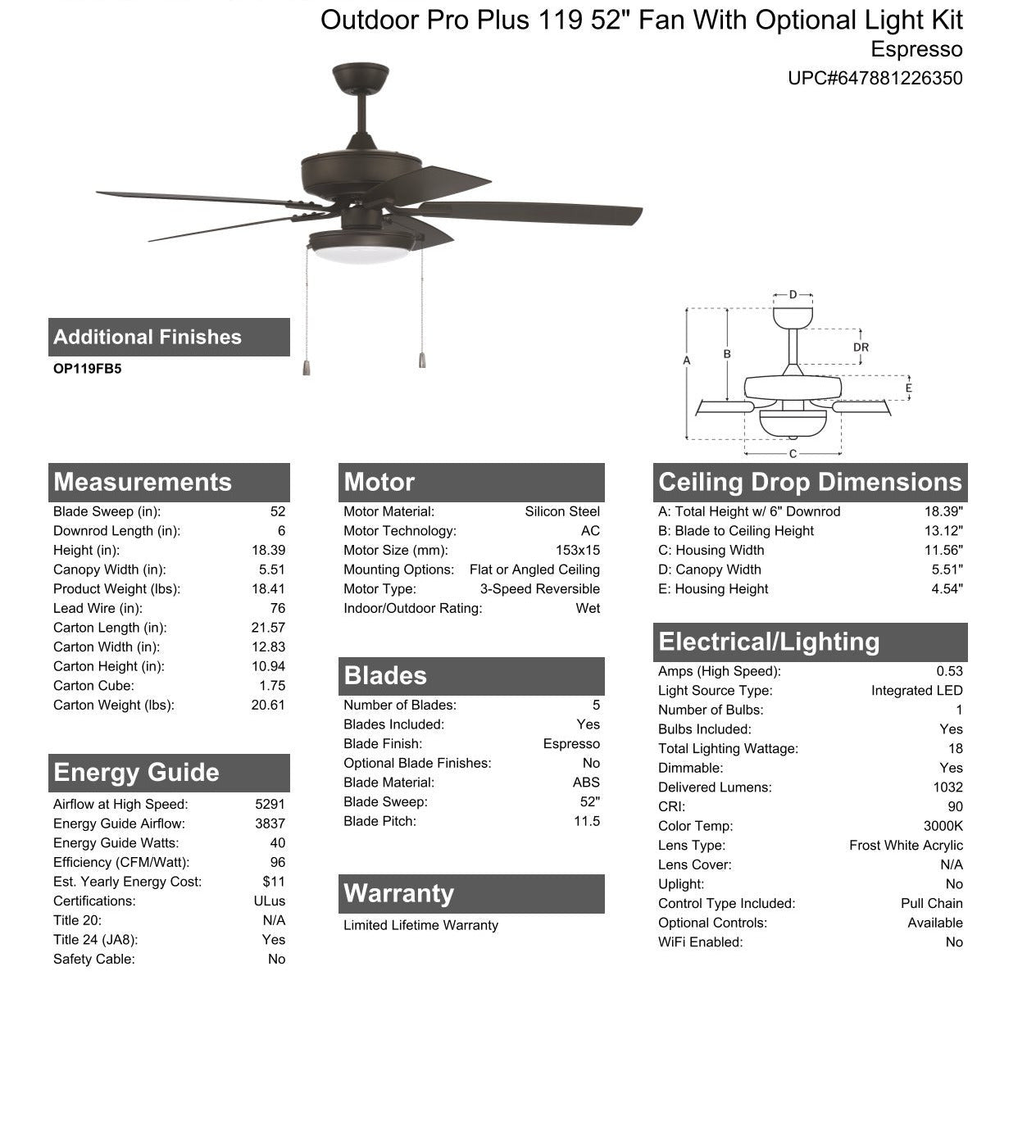 52" Outdoor Pro Plus 119 in Espresso w/ Matte Espresso Blades Ceiling Fan CRAFTMADE