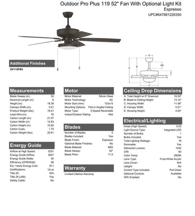 52" Outdoor Pro Plus 119 in Espresso w/ Matte Espresso Blades Ceiling Fan CRAFTMADE