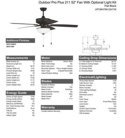 52" Outdoor Pro Plus 211 in Flat Black  w/ Flat Black Blades Ceiling Fan CRAFTMADE