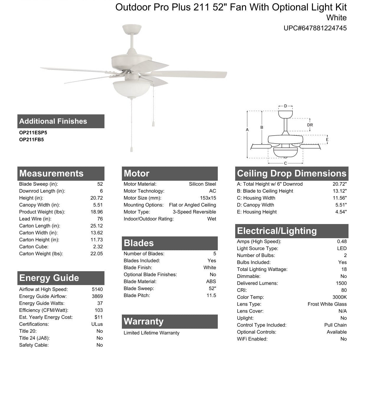 52" Outdoor Pro Plus 211 in White w/ Matte White Blades Ceiling Fan CRAFTMADE