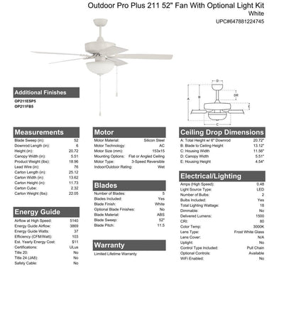 52" Outdoor Pro Plus 211 in White w/ Matte White Blades Ceiling Fan CRAFTMADE