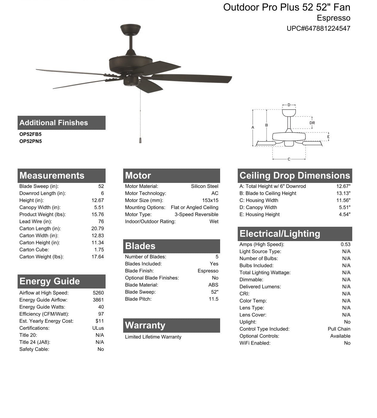 52" Outdoor Pro Plus 52 in Espresso w/ Matte Espresso Blades Ceiling Fan CRAFTMADE