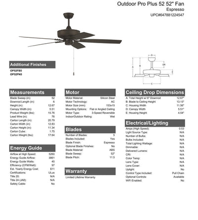 52" Outdoor Pro Plus 52 in Espresso w/ Matte Espresso Blades Ceiling Fan CRAFTMADE