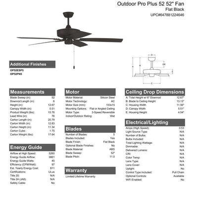 52" Outdoor Pro Plus 52 in Flat Black w/ Flat Black Blades Ceiling Fan CRAFTMADE