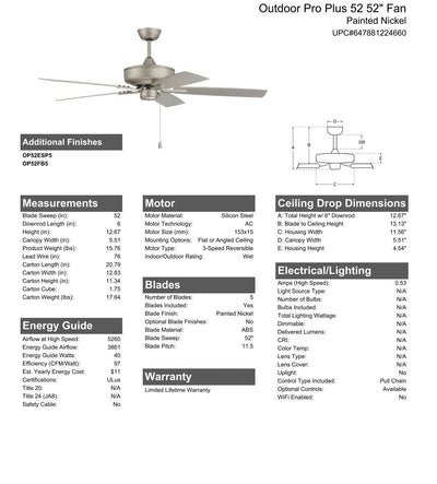 52" Outdoor Pro Plus 52 in Painted Nickel w/ Painted Nickel Blades Ceiling Fan CRAFTMADE