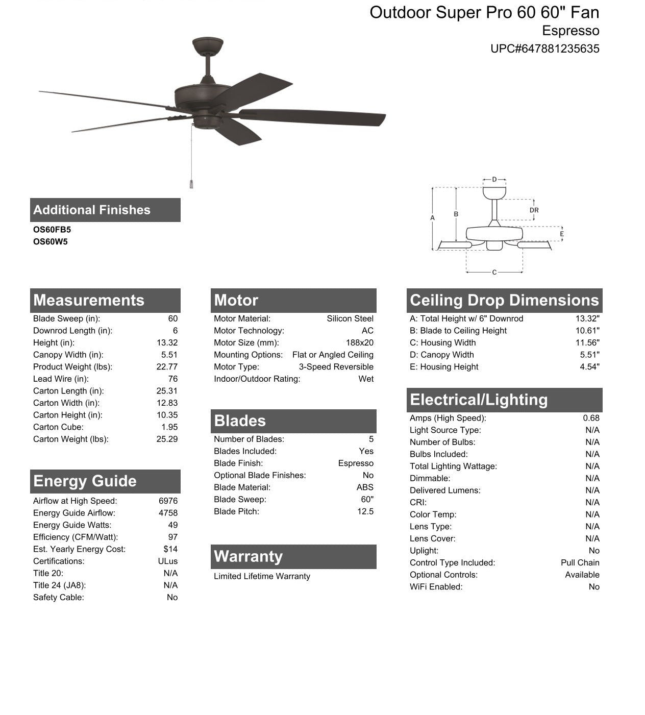 60" Outdoor Super Pro 60 in Espresso w/ Espresso Blades Ceiling Fan CRAFTMADE