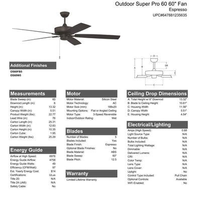 60" Outdoor Super Pro 60 in Espresso w/ Espresso Blades Ceiling Fan CRAFTMADE