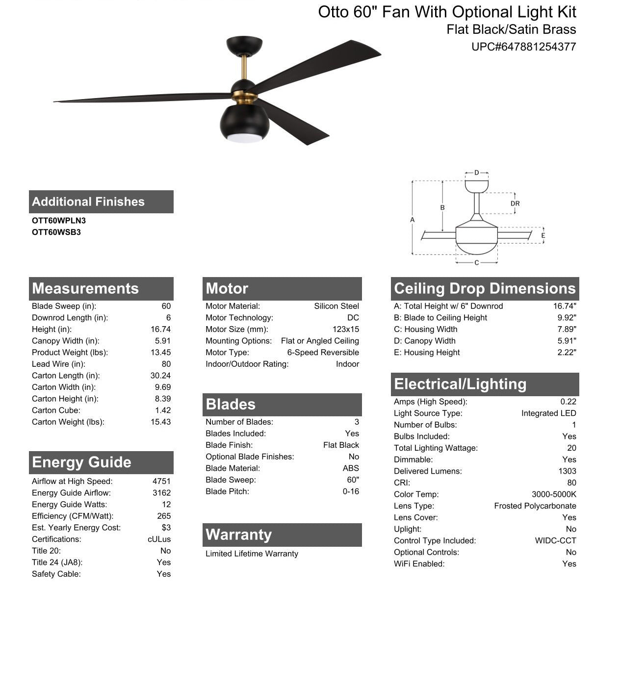 60" Otto in Flat Black/Satin Brass w/ Flat Black Blades Ceiling Fan CRAFTMADE