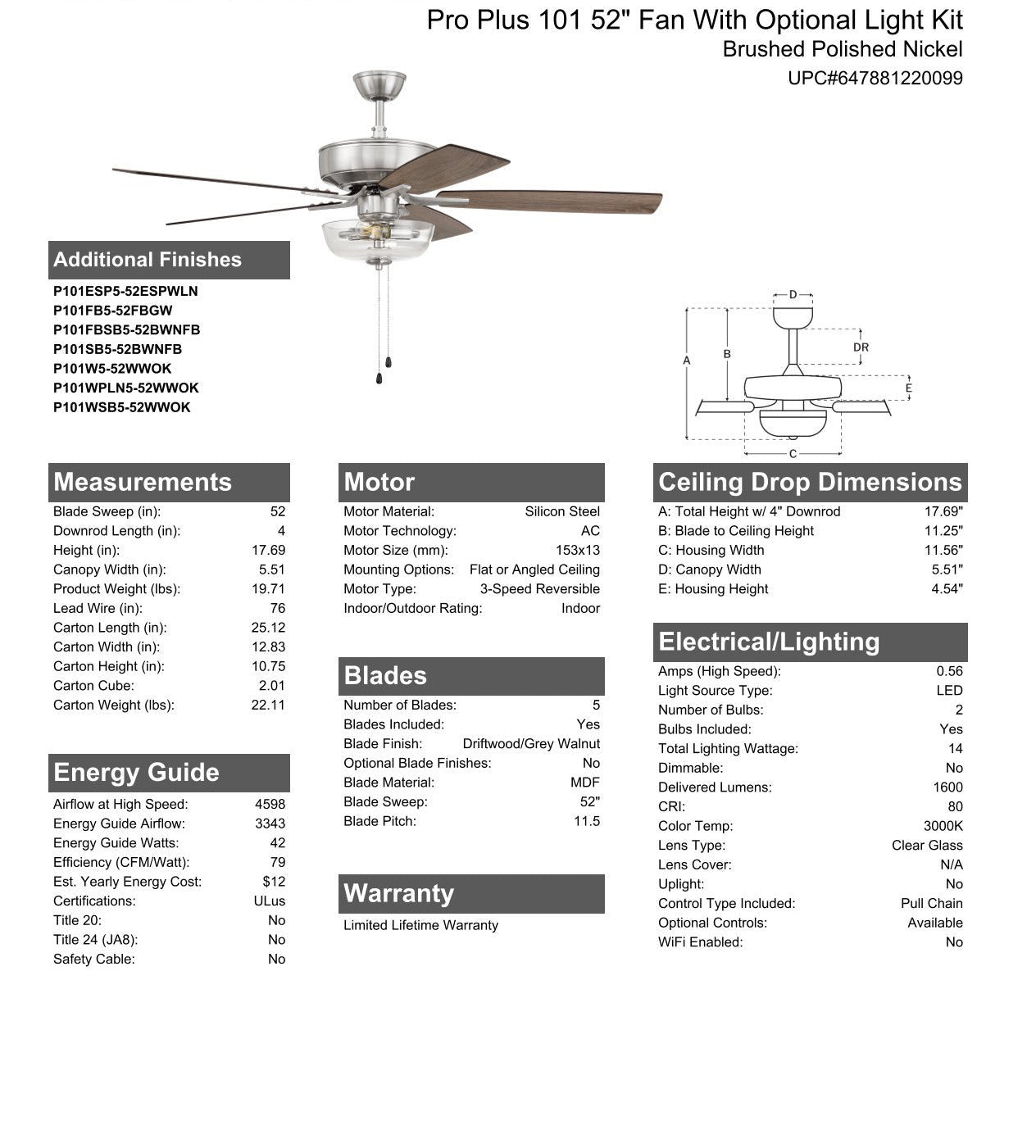 52" Pro Plus 101 in Brushed Polished Nickel w/ Driftwood/Grey Walnut Blades Ceiling Fan CRAFTMADE