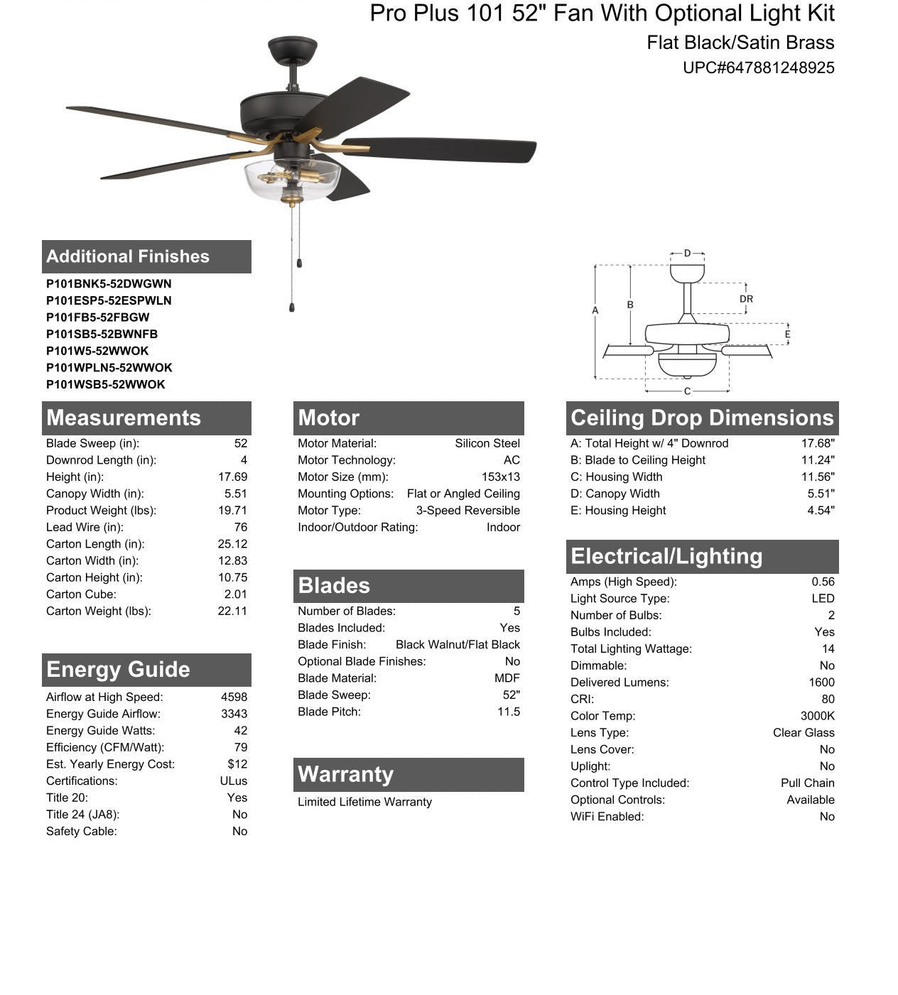 52" Pro Plus 101 in Flat Black/Satin Brass w/ Black Walnut/Flat Black Blades Ceiling Fan CRAFTMADE