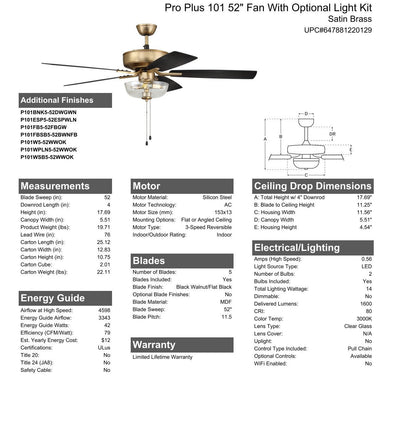 52" Pro Plus 101 in Satin Brass w/ Black Walnut/Flat Black Blades Ceiling Fan CRAFTMADE