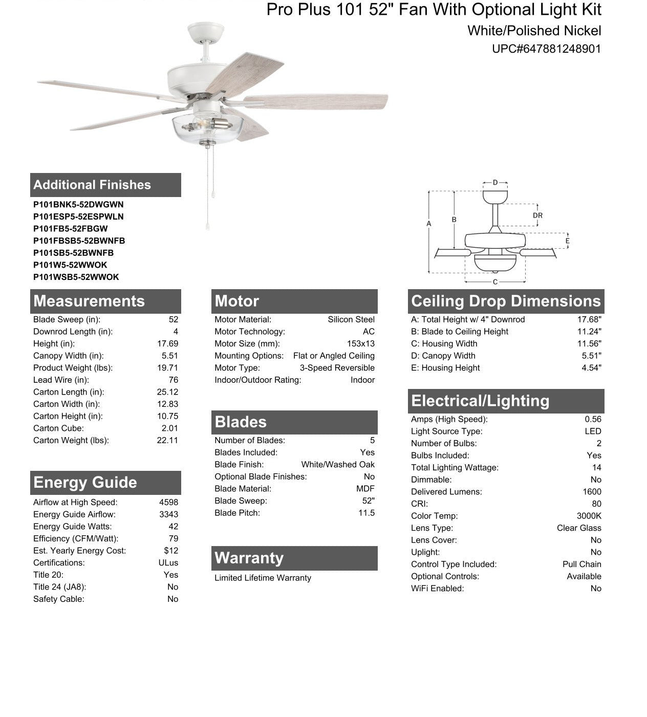 52" Pro Plus 101 in White/Polished Nickel w/ White/Washed Oak Blades Ceiling Fan CRAFTMADE