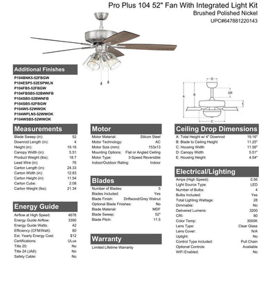 52" Pro Plus 104 in Brushed Polished Nickel w/ Driftwood/Grey Walnut Blades Ceiling Fan CRAFTMADE