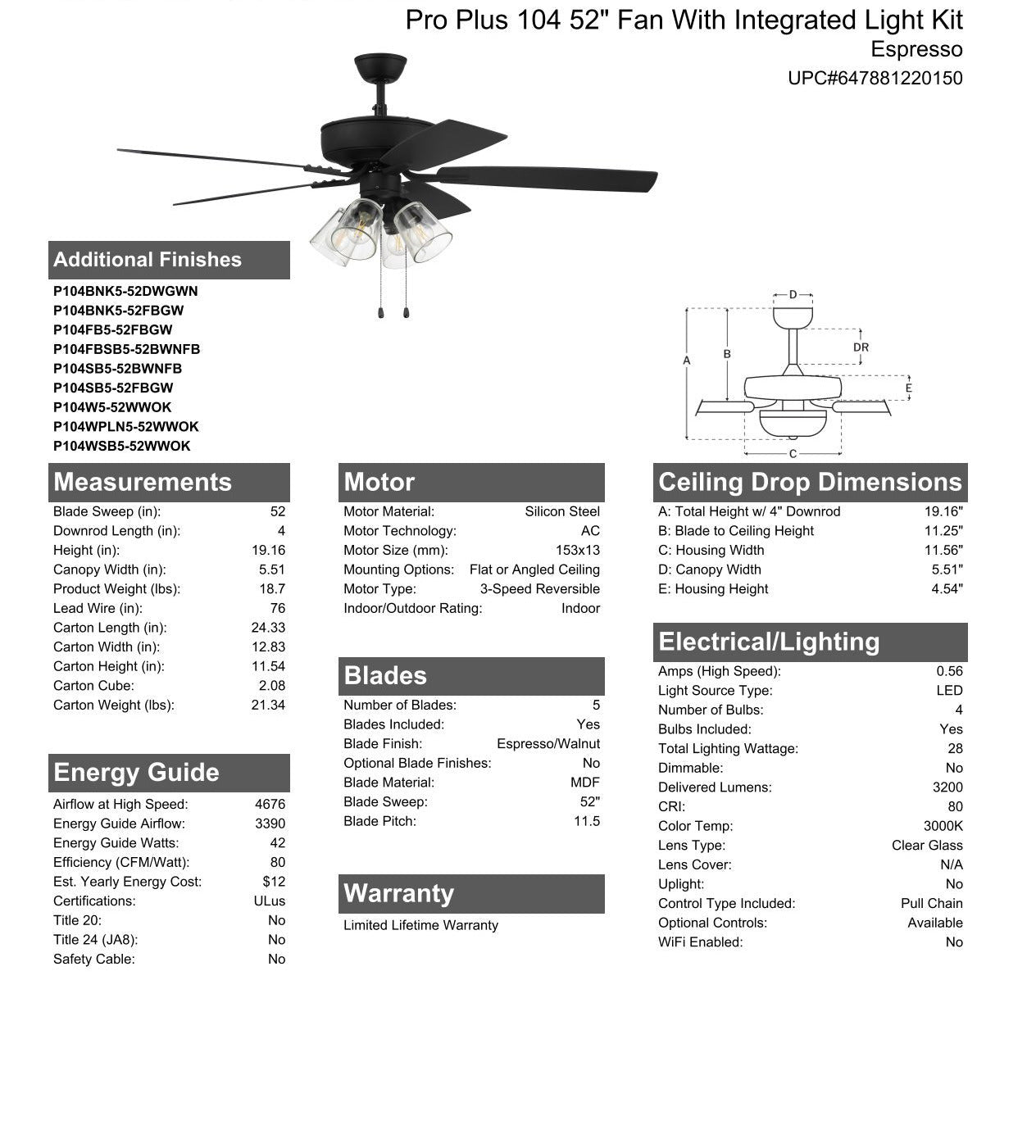 52" Pro Plus 104 in Espresso w/ Espresso/Walnut Blades Ceiling Fan CRAFTMADE