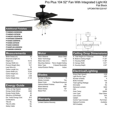 52" Pro Plus 104 in Flat Black  w/ Flat Black/Grey Wood Blades Ceiling Fan CRAFTMADE